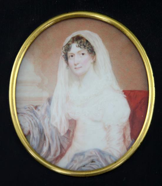 Sir William John Newton (1785-1869) Miniature of a seated lady wearing a white dress, 4.5 x 4in.